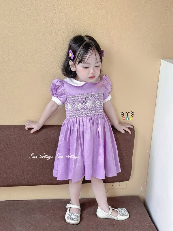 váy smock màu tím công chúa cho bé gái